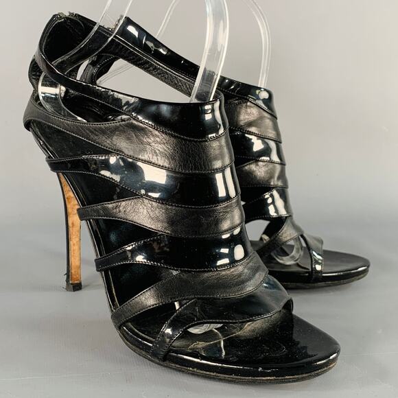 GUCCI Size 9.5 Black Leather Patent Leather Back Zipper Cage Sandals - Picture 1 of 9